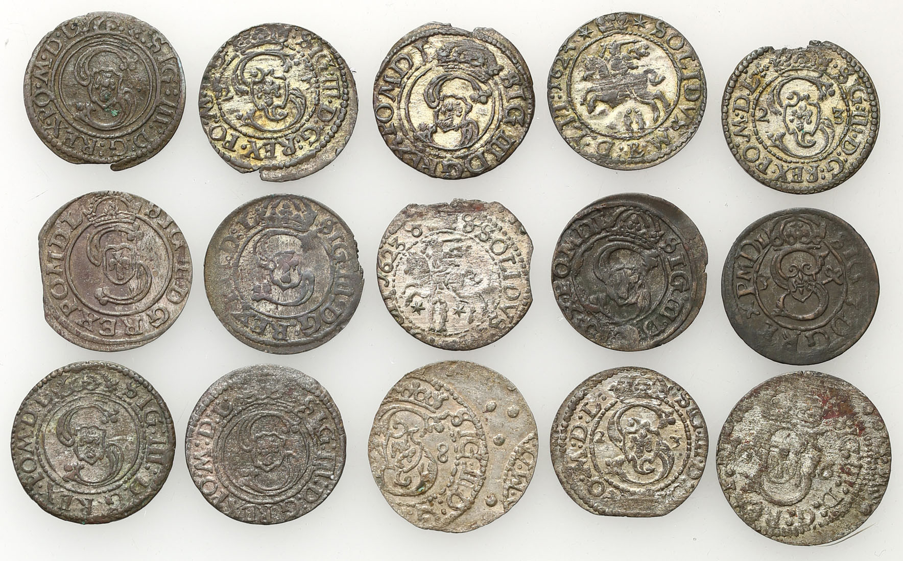 Zygmunt III Waza. Szeląg 1616-1627, Wilno, trzeciak, Łobżenica, zestaw 15 monet